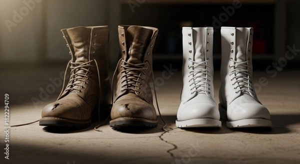 Obraz Worn Brown Leather Boots & Clean White Boots on Concrete Floor, Indoors