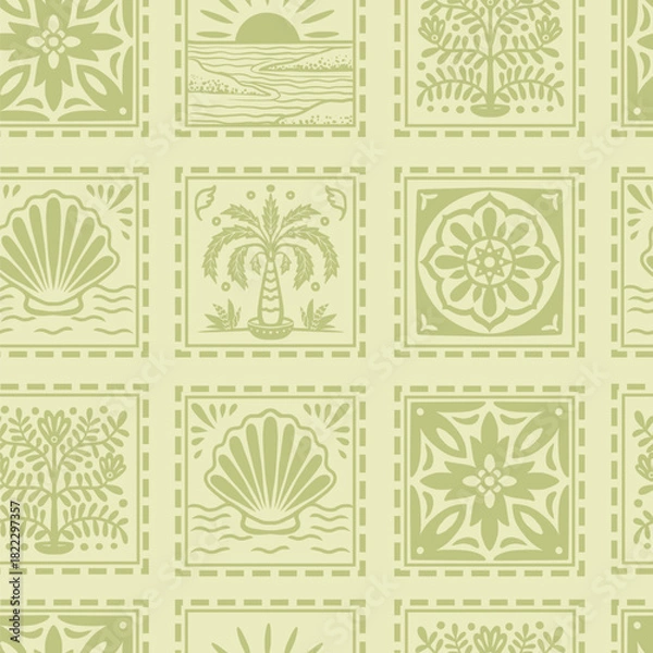 Obraz Tropical frame seamless pattern with palm tree seashell sun ocean tile vector