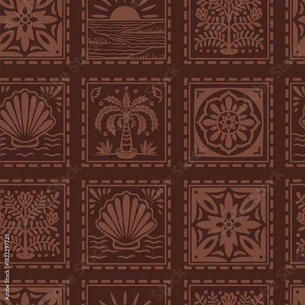 Obraz Tropical frame seamless pattern with palm tree seashell sun ocean tile vector