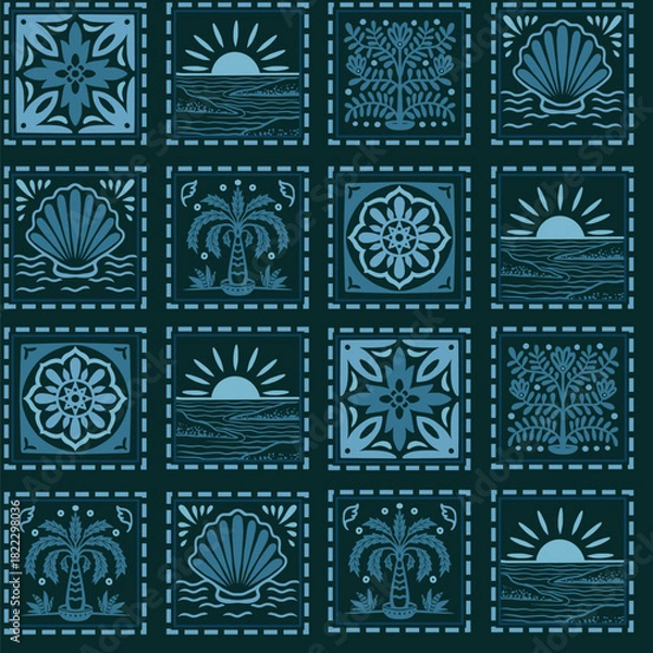 Obraz Tropical frame seamless pattern with palm tree seashell sun ocean tile vector