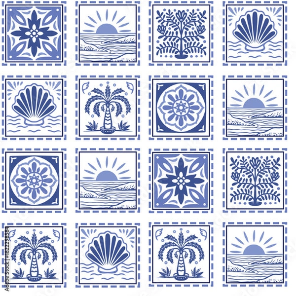 Obraz Tropical frame seamless pattern with palm tree seashell sun ocean tile vector