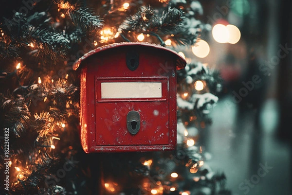 Fototapeta Festive red mailbox on a snowy Christmas tree with twinkling lights. A charming holiday scene featuring a vintage red mailbox nestled among evergreen branches glowing lights This is AI-generated item.