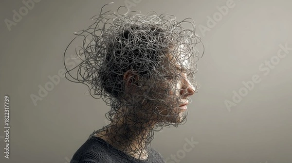 Obraz 
Head filled with tangled thoughts, problems, and emotions, mental health concept.