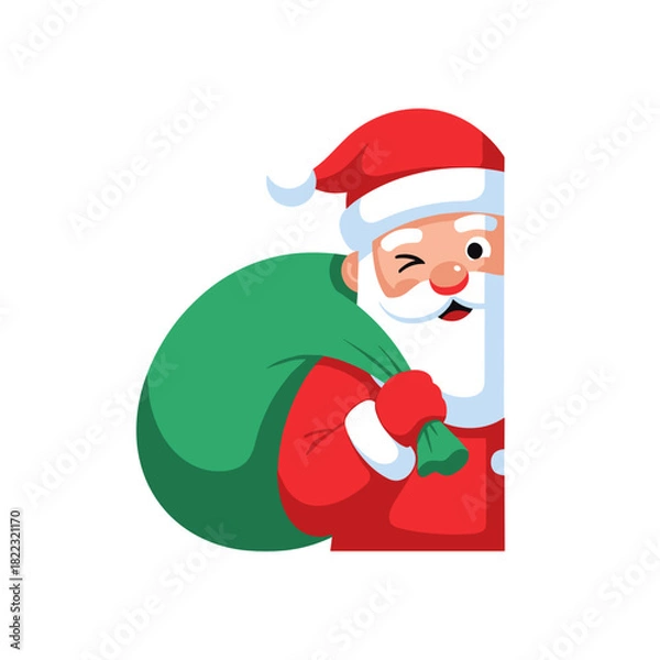 Obraz Santa Claus smiling and holding a green sack of gifts  