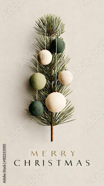 Obraz Scandinavian soft green holiday layout with minimalist pine twig