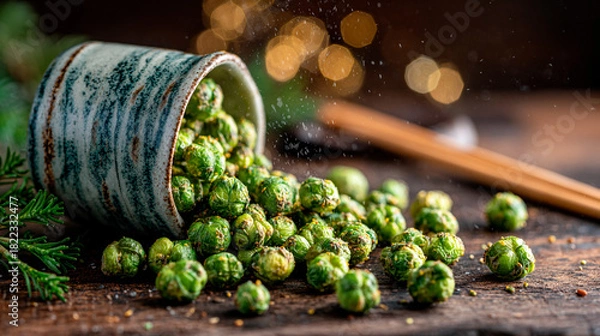 Obraz Fresh Crispy Brussels Sprouts Spilling from Ceramic Cup in a Cozy Kitchen Environment