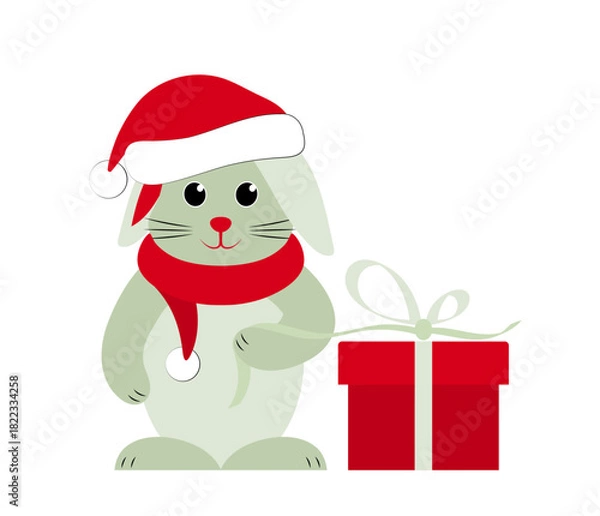 Fototapeta bunny with cap and scarf and gift isolated on white background