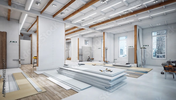 Fototapeta Transforming Interior Spaces with Drywall Installation, Modern Renovation Project, Bright and Airy, Professional Interior Design, Construction Expertise