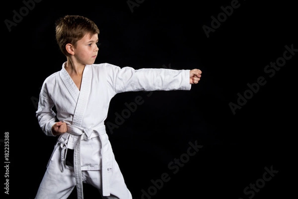 Obraz Straight left hand fist hit, pose in karate. Kid in kimono on the black background