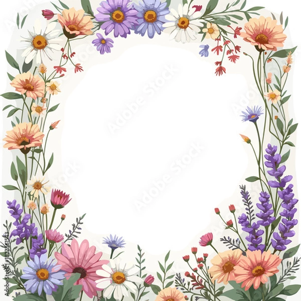 Fototapeta Elegant watercolor wildflower wreath with colorful daisies and lavender, forming a circular floral frame for invitations. Vector illustration with copy space