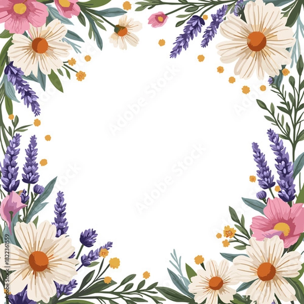 Fototapeta Vector illustration of a spring flower border with chamomile, lavender, and pink blossoms, creating a decorative nature-themed frame design
