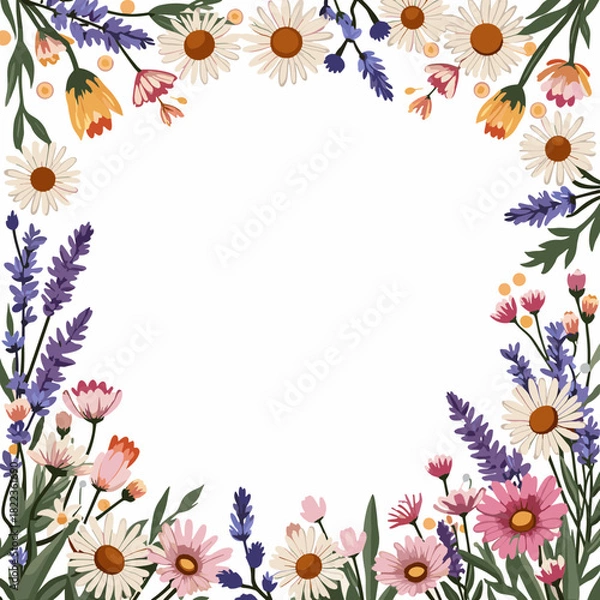 Fototapeta Charming floral frame design featuring daisies and lavender for decorative purposes