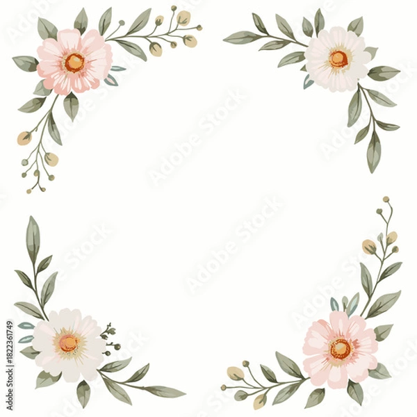 Fototapeta Elegant watercolor floral corner frame illustration featuring delicate pink and white blossoms with lush green foliage, perfect for wedding invitations, greeting cards, and decorative design projects