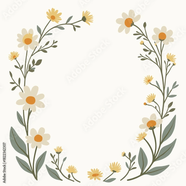Fototapeta Charming circular daisy floral wreath illustration with yellow and white blossoms, adorned with delicate green leaves, perfect for spring invitations, cards, and decorative designs