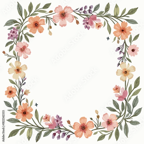 Fototapeta A delicate square floral wreath with soft pink and orange watercolor flowers, leaves, and butterflies, ideal for greeting cards and invitations