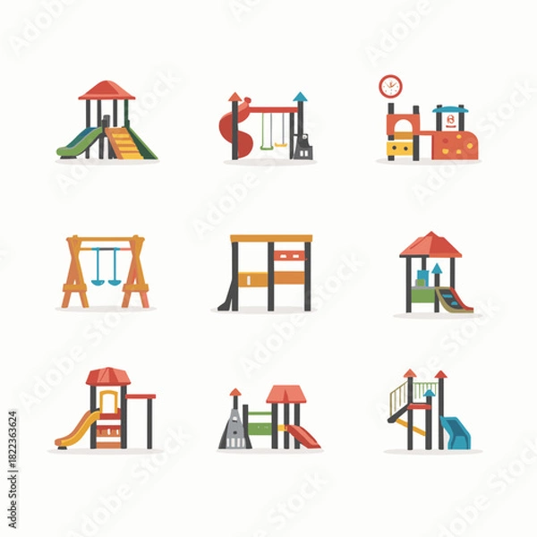 Fototapeta A vibrant collection of children's playground equipment icons, featuring slides, swings, and climbing frames in a flat vector design style
