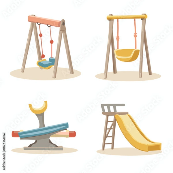 Fototapeta Vibrant cartoon collection of classic playground equipment for children, featuring various swings, a fun seesaw, and an inviting slide, perfect for outdoor play areas