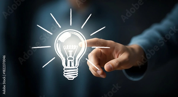 Obraz A person's hand touching a glowing lightbulb, symbolizing an idea or innovation.
