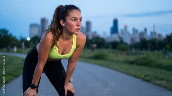 Fototapeta Exhausted young woman runner resting with hands on knees and catching her breath on a park path after a run, with a city skyline in the background during twilight.
