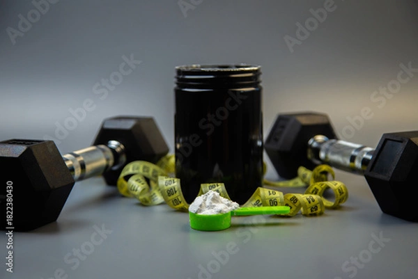 Obraz Black protein powder container is placed with dumbbells and measuring tape on gray surface, highlighting fitness, health, and nutrition essentials for workout enthusiasts
