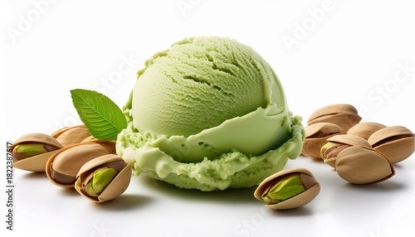 Fototapeta a single scoop of green pistachio ice cream surrounded by whole nuts on a white background