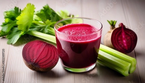 Fototapeta vibrant beetroot and celery juice in glass with fresh slices
