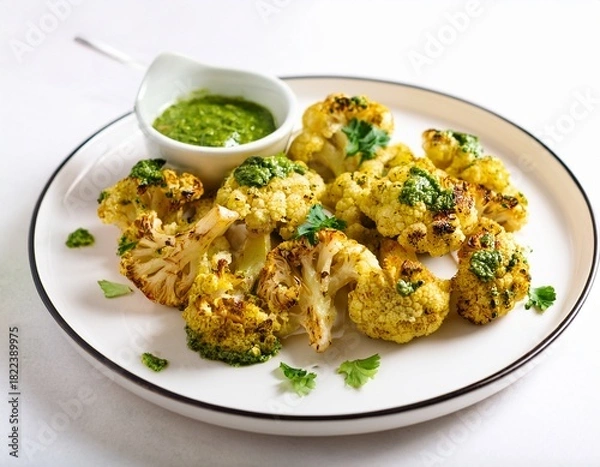 Fototapeta golden roasted cauliflower florets topped with vibrant green pesto sauce on a white plate