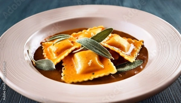 Fototapeta butternut squash ravioli with sage and brown butter sauce