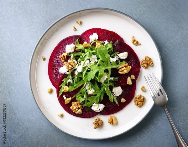 Fototapeta beetroot carpaccio salad with fresh arugula feta cheese and walnuts on a white plate