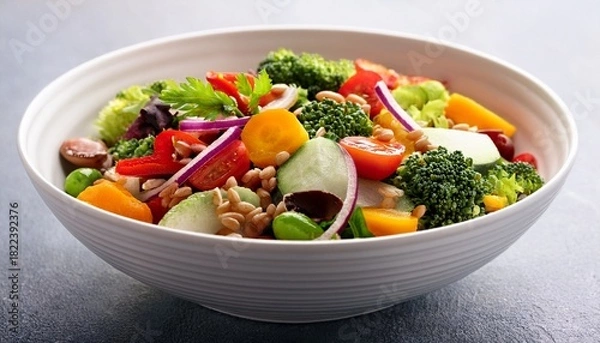 Fototapeta colorful vegetable salad with grains in white bowl