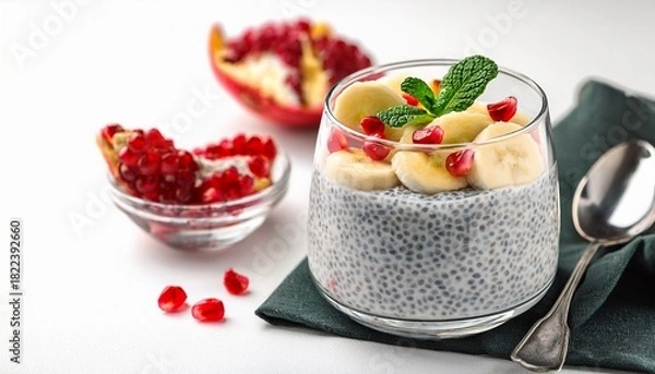Fototapeta healthy chia seed pudding with banana pomegranate and mint garnish in a glass bowl on a white background