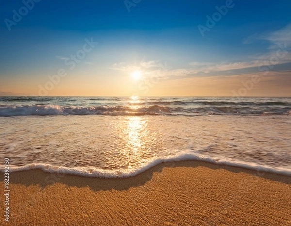 Fototapeta soft focus serene beach landscape with gentle waves and warm horizon