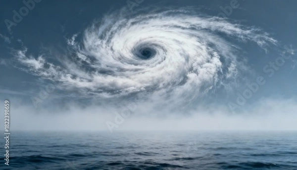 Fototapeta Dramatic swirling storm clouds forming a powerful hurricane over a calm ocean, creating a striking contrast between turbulent skies and serene waters, showcasing nature's raw energy
