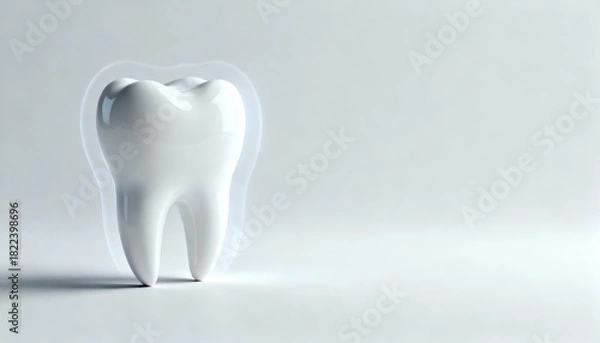 Fototapeta 3D illustration of a glossy white tooth with a translucent outline, symbolizing dental health and hygiene, set against a soft gradient background with ample copy space