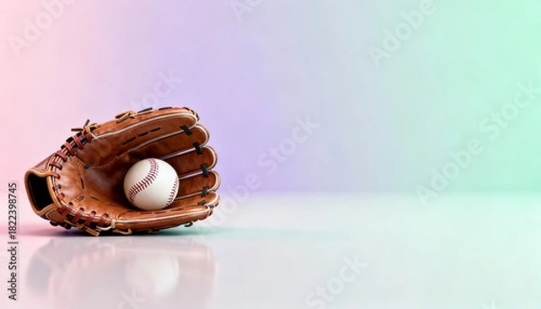 Fototapeta Baseball glove resting on a reflective surface with a baseball inside, set against a softly blurred gradient background, creating a vibrant and dynamic sports-themed atmosphere