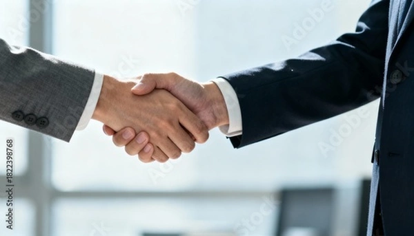 Fototapeta Business professionals shaking hands in a modern office environment, showcasing partnership and collaboration with bright natural light illuminating the scene