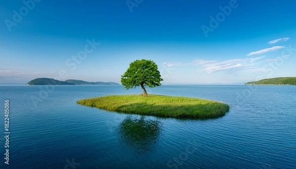 Obraz a single green tree stands tall on a small grassy island surrounded by calm water and smaller islands
