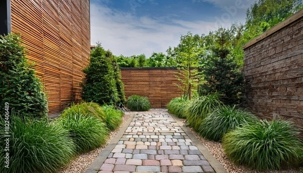 Obraz modern tranquil garden pathway featuring gravel and stone tiles framed by lush green plants and a backdrop of wooden and brick walls