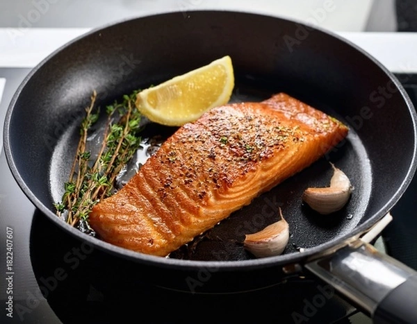 Obraz two slices of fresh salmon fillet with a crispy fried skin in a black pan with garlic thyme and lemon on the stove cooking a delicious seafood meal selected focus narrow depth of field