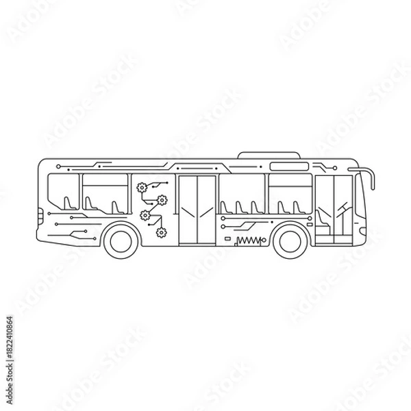 Fototapeta Smart Public Transit Bus Line Icon with Integrated Circuit Board Pattern and Mechanical Gears - Modern Urban Transportation Technology Vector Illustration