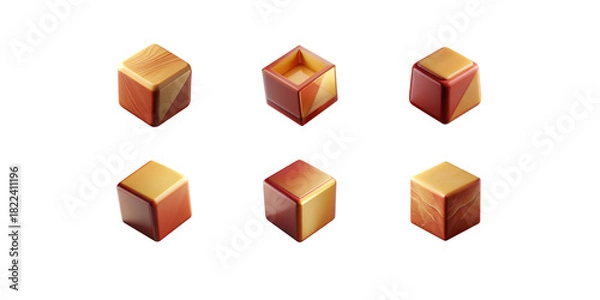 Fototapeta 3D wooden cubes isolated on white background natural brown block set smooth texture various light and dark wood tones simple geometric cube icons
