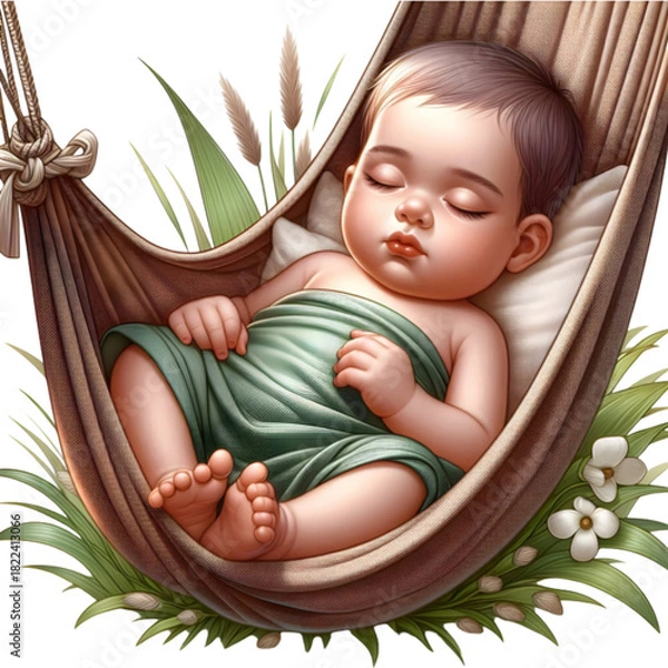 Obraz Sleeping baby in woven hammock with green cloth and flowers, Soft natural newborn illustration