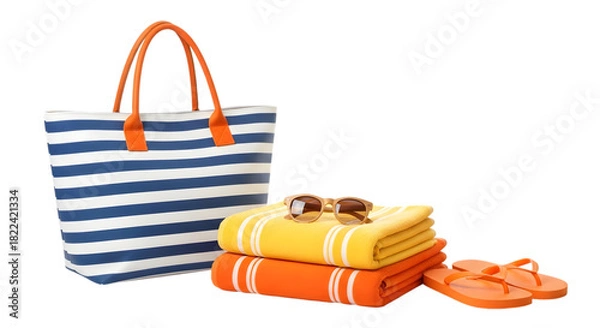 Obraz Beach Tote Bag Stacked Towels Sunglasses and Flip Flops on White Background beach bag striped bag isolated on a transparent background