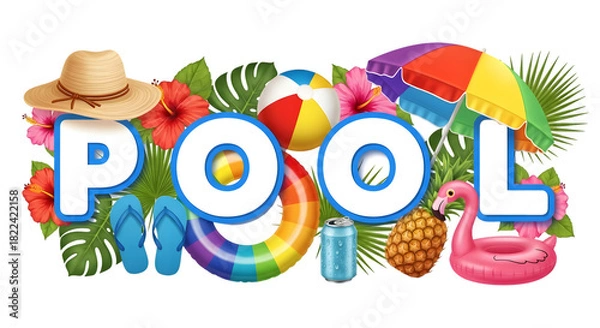 Obraz Colorful Pool Scene with Text POL Tropical Flowers and Summer Accessories word isolated on a transparent background