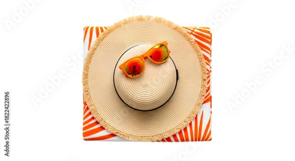 Obraz Overhead View of Straw Hat with Orange Sunglasses on Striped Beach Towel summer vacation isolated on a transparent background
