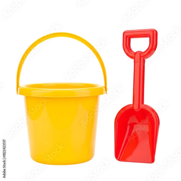 Obraz Yellow Plastic Bucket and Red Plastic Shovel for Beach Play on Black Background beach bucket sand shovel isolated on a transparent background