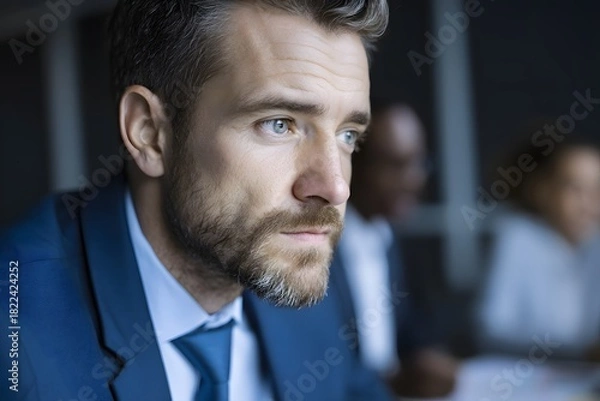 Obraz Focused businessman looking forward with determination in a business meeting environment
