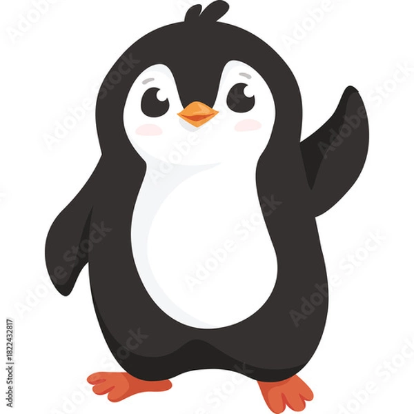 Obraz Cute cartoon penguin waving with a friendly expression on a transparent background ideal for children's illustrations and educational materials