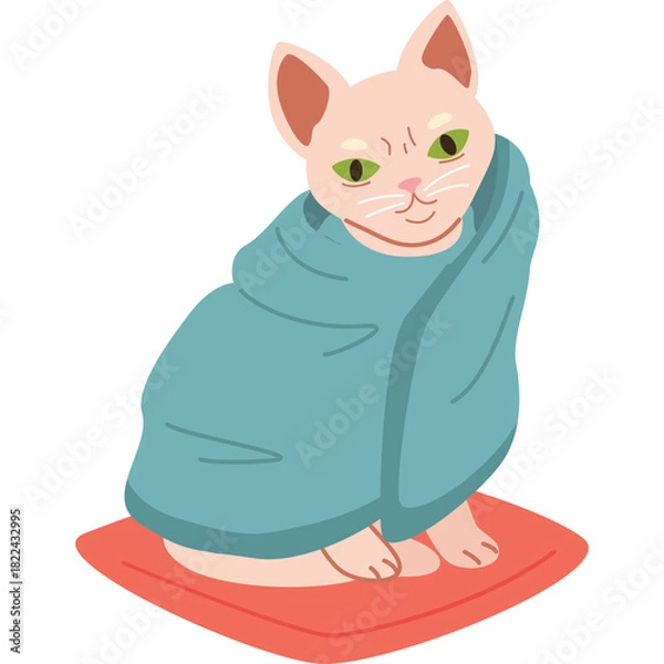 Obraz A Cute Pink Sphynx Cat Wrapped in a Teal Blanket Sitting on a Red Cushion With a White Background Detailed Pixel Art Style