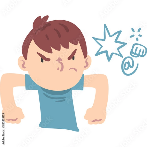 Obraz Angry Boy with Fist Raised and Speech Bubble Representing Frustration and Aggression Isolated on Transparent Background